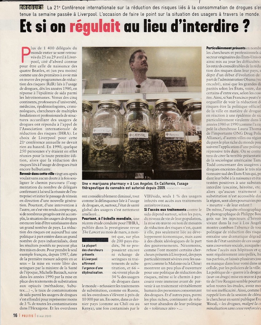 Drogues : et si on régulait au lieu d’interdire – Politis mai 2010